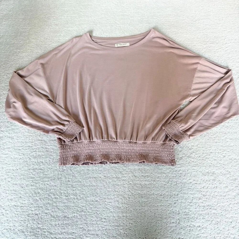 Lucky Brand Modal Blend Elastic Waist Long Sleeve Pale Pink Crewneck Top Shirt -
